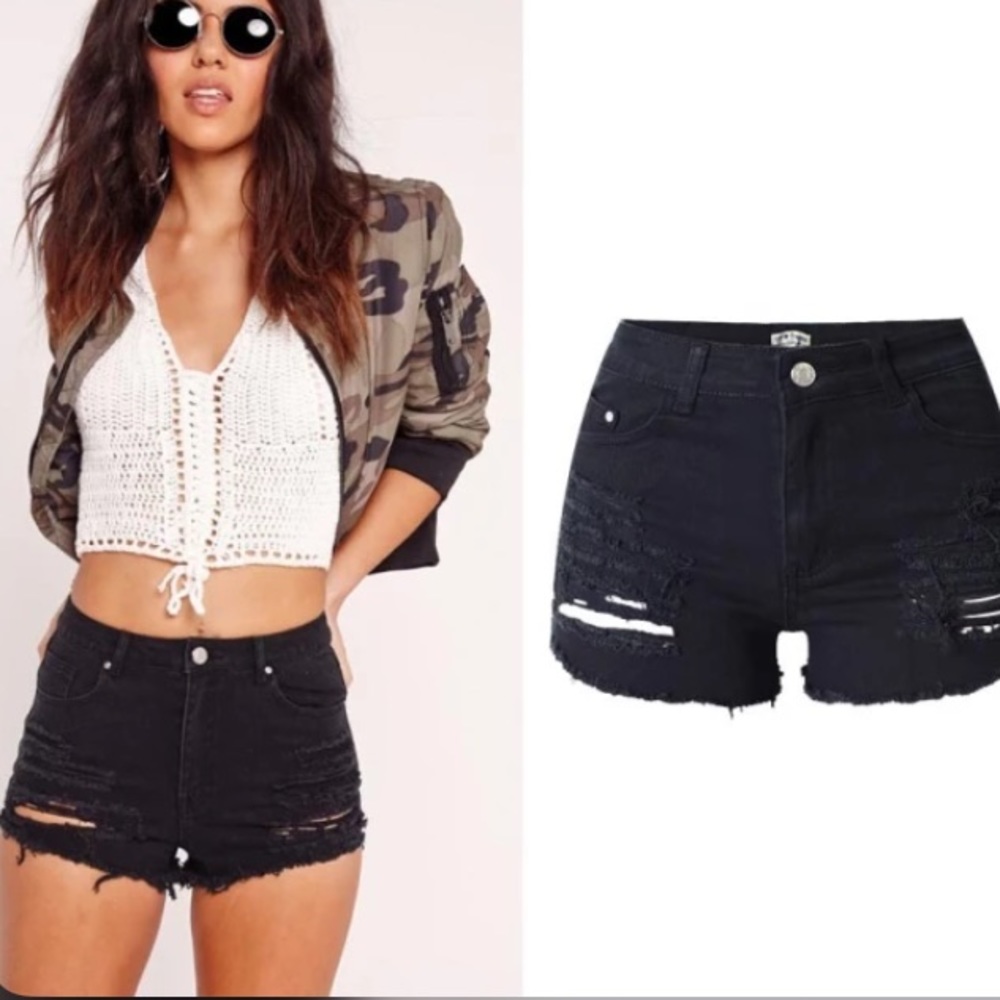 FASHION JEANS HIGH WAIST DENIM SHORT RIPPED BLACK MEDIUM